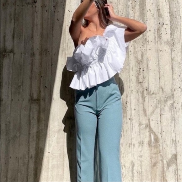 New ZARA Asymmetrical One Shoulder Poplin Voluminous Ruffle Top White - Picture 4 of 11